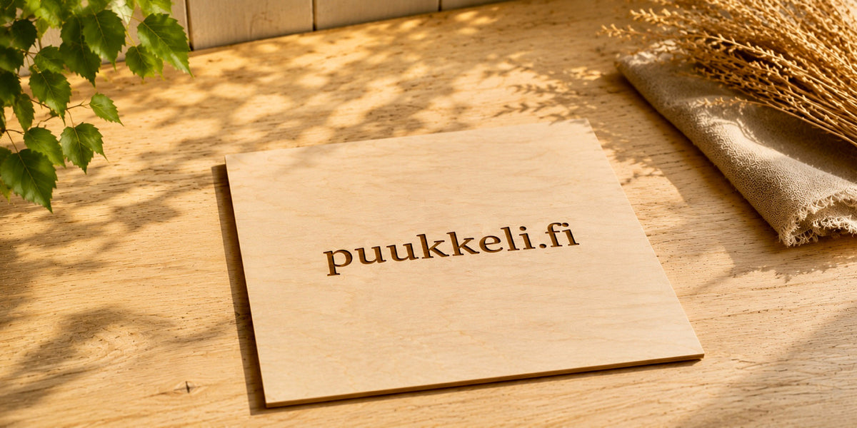 puukkeli.fi-logo koivuvanerilla lämpimässä luonnonvalossa